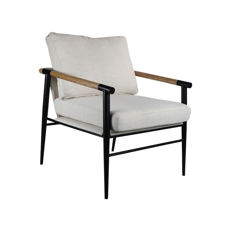 MIRANDA Metal frame, wooden armrests, minimalist fabric upholstered chair